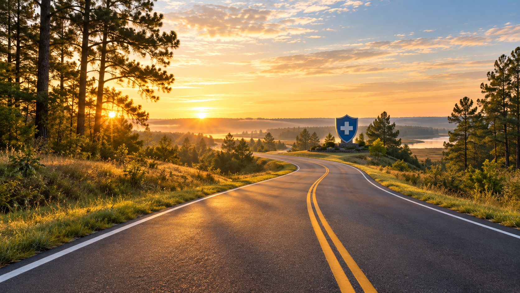 A winding road through the North Carolina mountains at sunrise